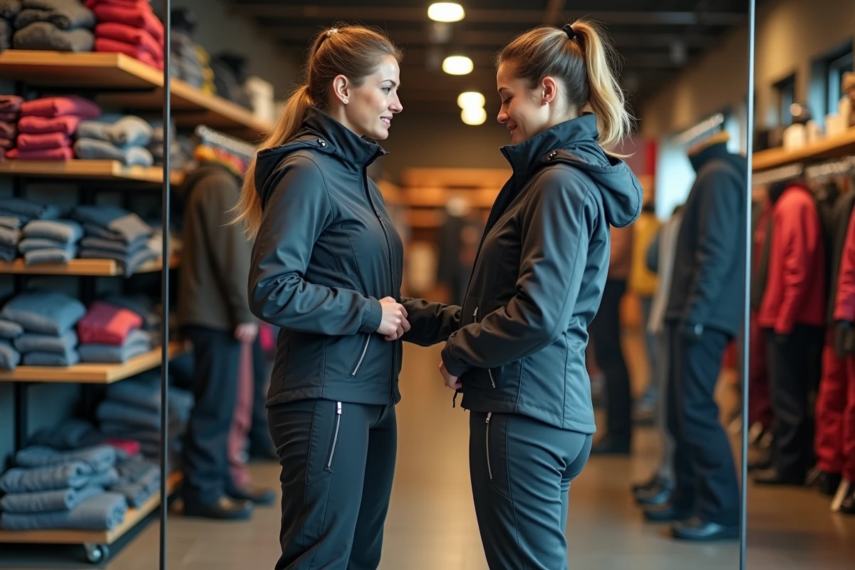 Femme essayant un pantalon de ski gris anthracite dans un magasin de sport de montagne