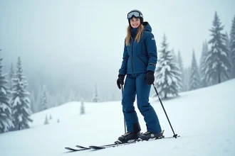 Femme portant un pantalon de ski bleu marine imperméable sur une piste enneigée en montagne
