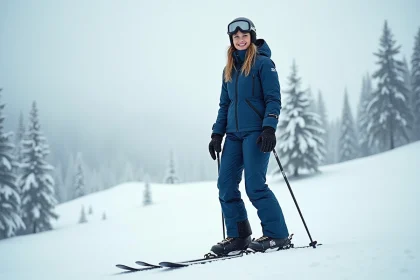 Femme portant un pantalon de ski bleu marine imperméable sur une piste enneigée en montagne