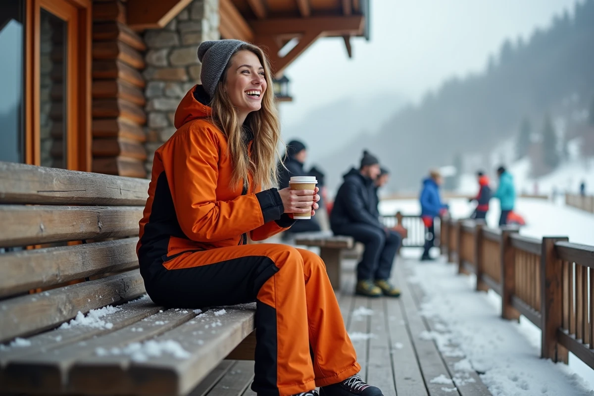 Femme en pantalon de ski orange assis en terrasse de chalet de montagne avec boisson chaude