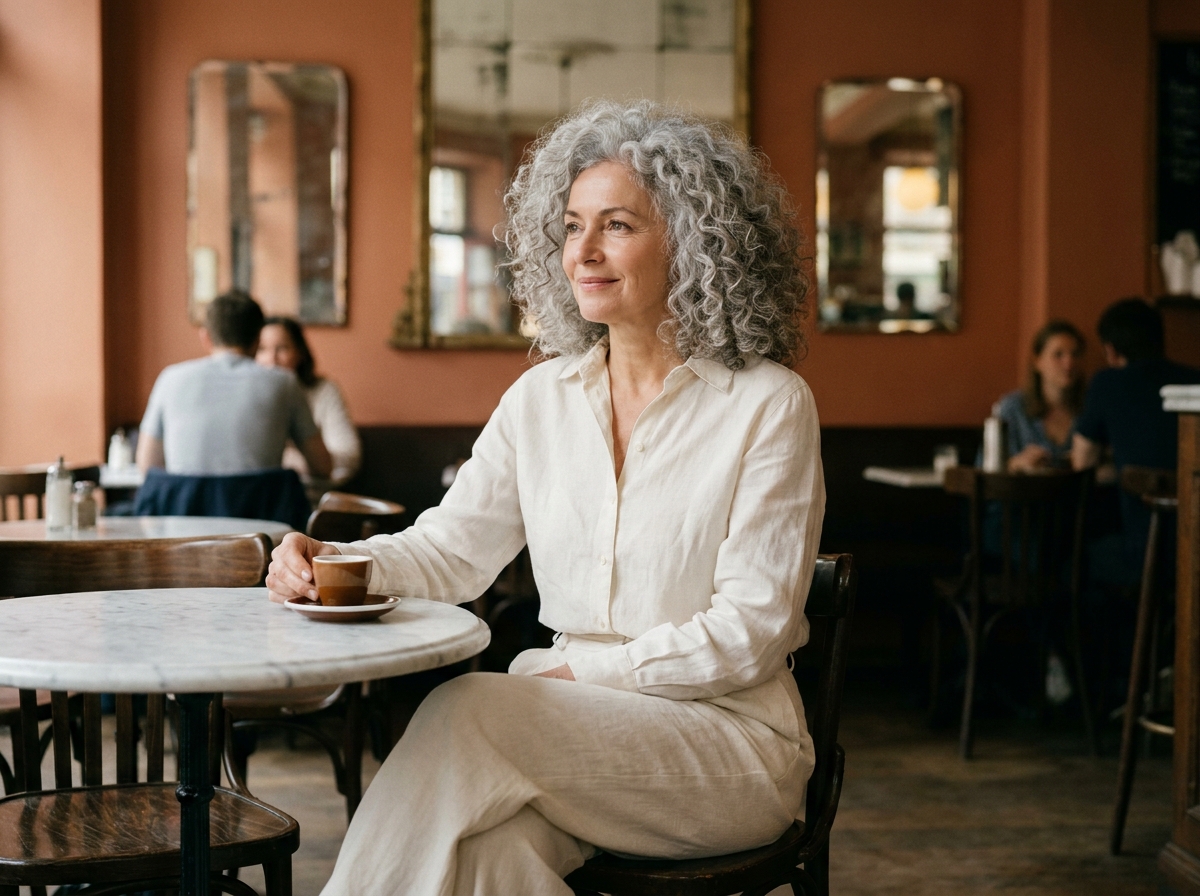 Femme mature avec perruque grise bouclée dans un café parisien chic assumant ses cheveux gris avec style