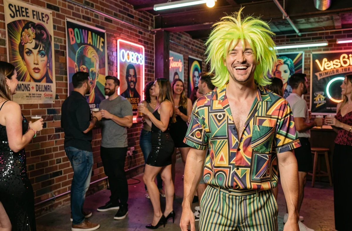 Homme portant une perruque mulet fluo vert et jaune dans un loft décoré pour une soirée disco avec murales UV et signalétiques néon