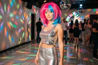 Femme en perruque mulet fluorescente rose et bleue sur une piste de danse disco avec tenue argentée et reflets de boule à facettes