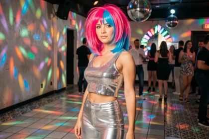 Femme en perruque mulet fluorescente rose et bleue sur une piste de danse disco avec tenue argentée et reflets de boule à facettes