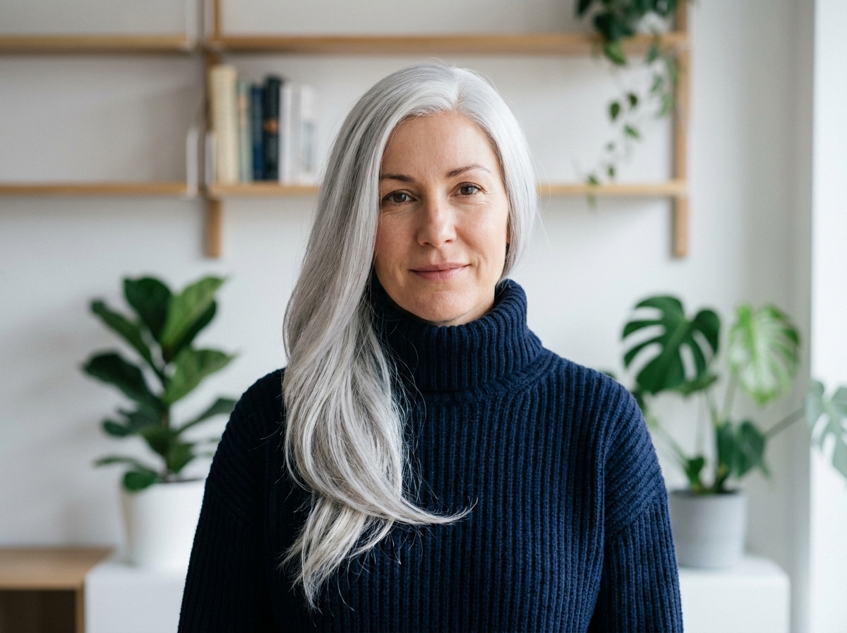 Portrait de femme portant une perruque longue platine grise dans un intérieur minimaliste scandinave tendance