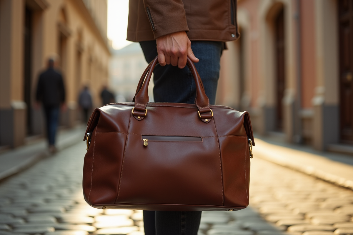 Personne élégante avec sac en cuir Paul Marius en rue ensoleillée