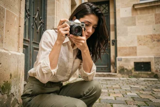 Photographe femme en train de shooter dans une cour parisienne, style éditorial inspiré d'Anna Dray