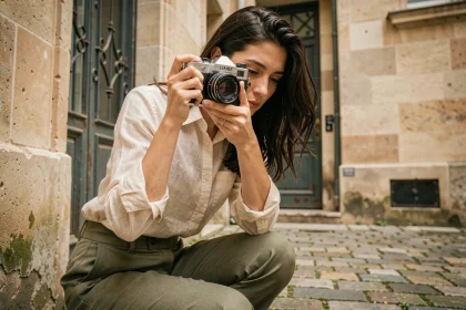 Photographe femme en train de shooter dans une cour parisienne, style éditorial inspiré d'Anna Dray