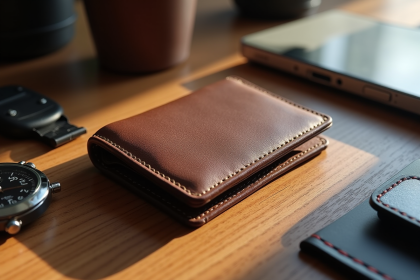 Porte-cartes en cuir premium sur bureau en bois avec clés et montre