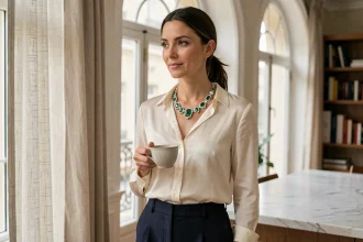 Femme élégante portant un collier de haute joaillerie en diamants et tourmalines vertes avec une tenue quotidienne chic dans un appartement parisien