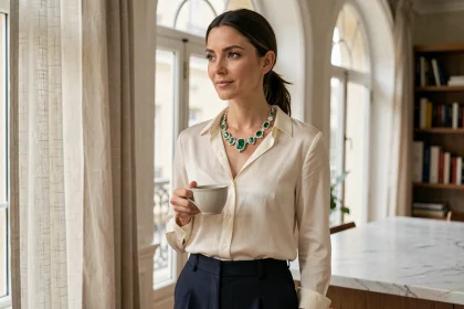Femme élégante portant un collier de haute joaillerie en diamants et tourmalines vertes avec une tenue quotidienne chic dans un appartement parisien