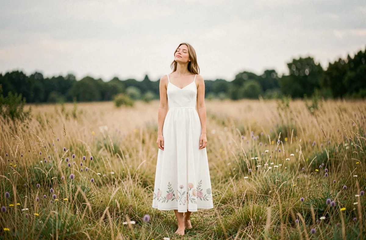 Portrait éditorial d'une femme en robe blanche dans un champ de fleurs sauvages, esthétique Anna Dray
