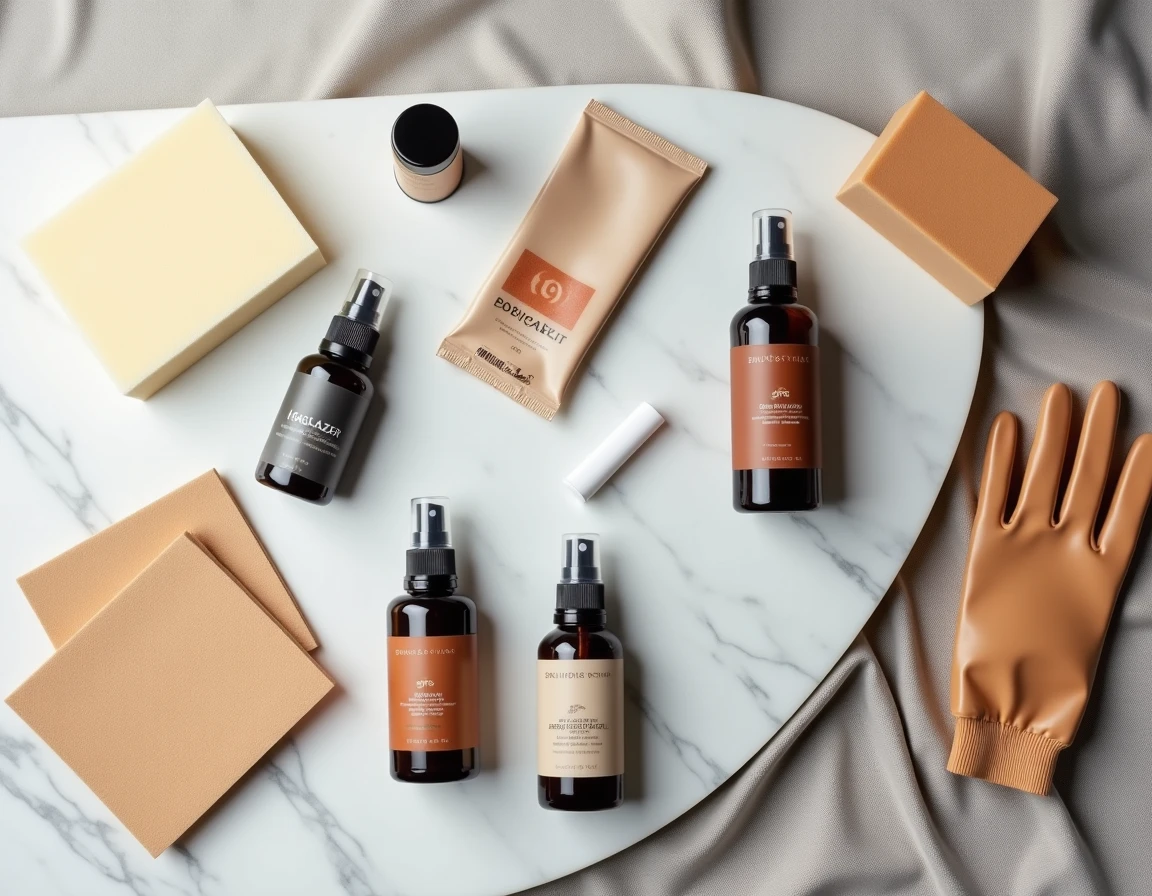 Produits de peinture et d'entretien pour cuir disposés en flat lay sur une surface en marbre avec applicateurs et gants
