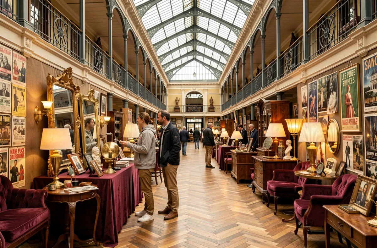 Galerie intérieure du Marché Dauphine aux Puces de Saint-Ouen avec antiquaires et mobilier vintage sous une verrière historique
