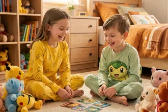 Deux enfants en pyjamas Pokemon coordonnés Pikachu et Bulbasaur jouant aux cartes sur le sol de leur chambre