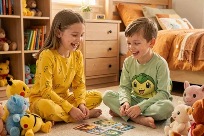 Deux enfants en pyjamas Pokemon coordonnés Pikachu et Bulbasaur jouant aux cartes sur le sol de leur chambre