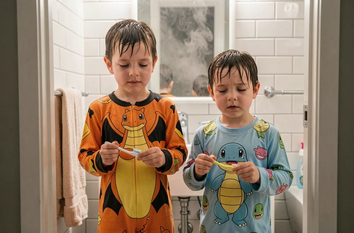 Deux frères en pyjamas Pokemon Charizard et Squirtle coordonnés dans l'embrasure de la salle de bain au moment du coucher