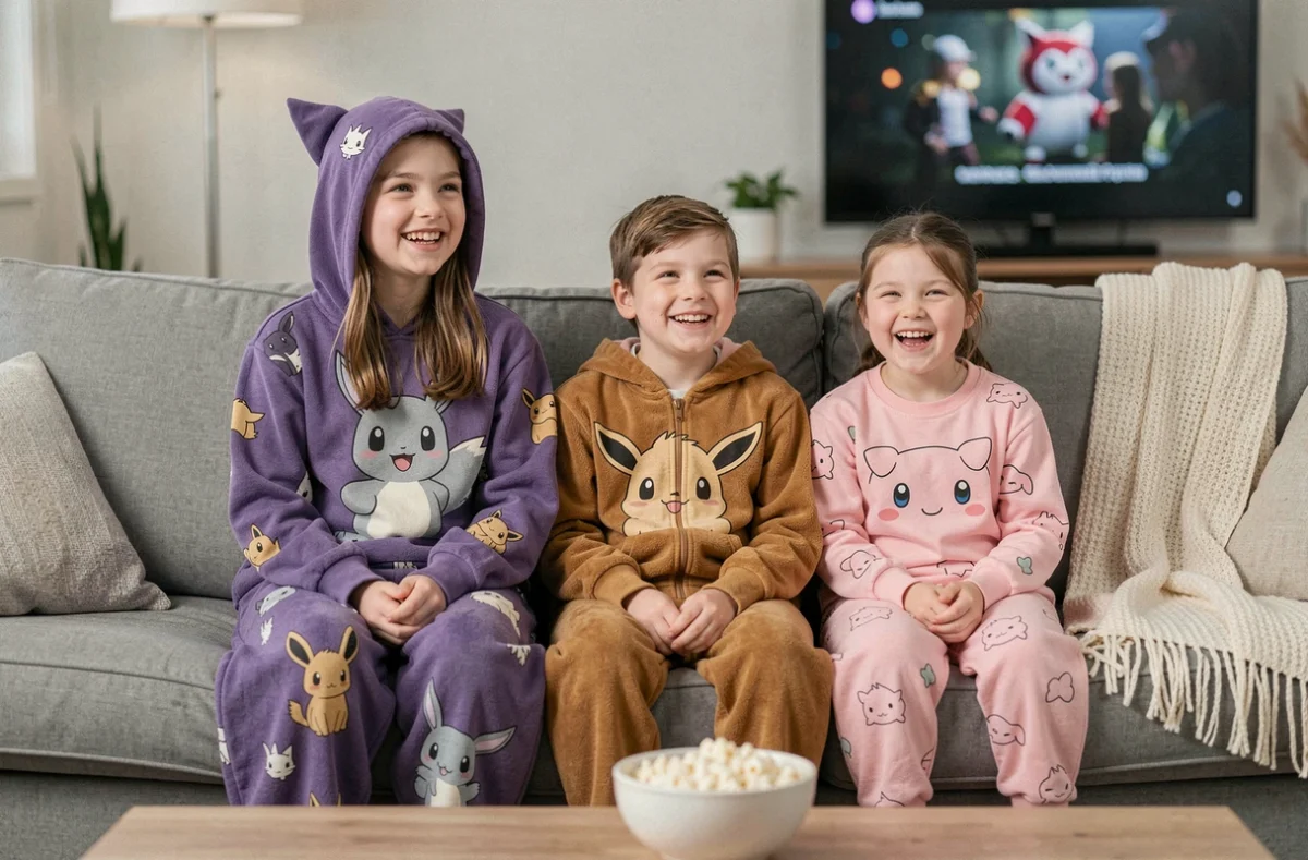 Trois enfants en pyjamas Pokemon différents coordonnés assis sur un canapé lors d'une soirée film en famille