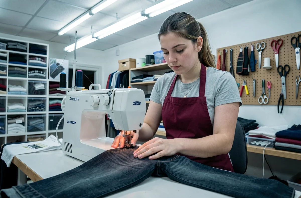 Couturière de Rapid'Couture à Angers travaillant sur une surjeteuse moderne pour retoucher un jean en atelier express