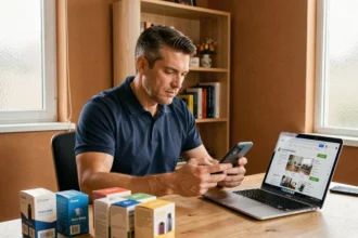 Vendeur sérieux et fiable examinant une annonce sur une marketplace en ligne depuis son bureau à domicile
