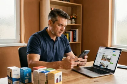 Vendeur sérieux et fiable examinant une annonce sur une marketplace en ligne depuis son bureau à domicile