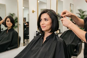 Femme en salon de coiffure recevant un relooking chic avec une coupe au carré élégante et moderne
