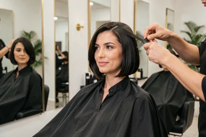 Femme en salon de coiffure recevant un relooking chic avec une coupe au carré élégante et moderne