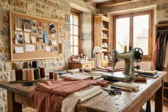 Atelier de retoucherie artisanale en Pays de la Loire avec machine à coudre vintage, fils colorés et vêtements pliés sur une table en bois