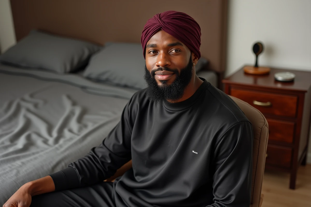 Homme retirant un wave cap bordeaux pour révéler un durag noir brillant et des waves 360 bien définies dans une chambre à coucher moderne