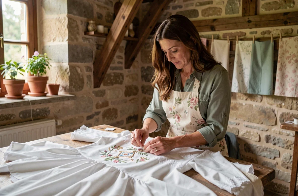 Couturière de Rêv'Coutures à Chemillé-en-Anjou brodant à la main une robe de mariée dans un atelier rustique en Anjou