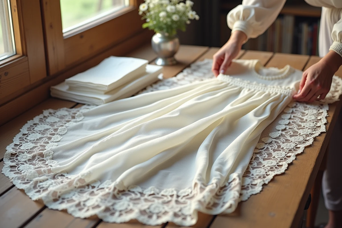 Robe de baptême longue en dentelle Chantilly vintage étalée sur une table en bois rustique