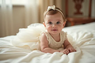 Bébé fille en robe de baptême blanche brodée avec nœud en satin sur tissu lin ivoire