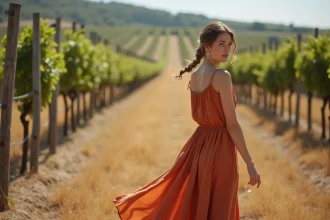 Femme en robe longue terracotta en lin dans un vignoble champêtre pour un mariage en 2026