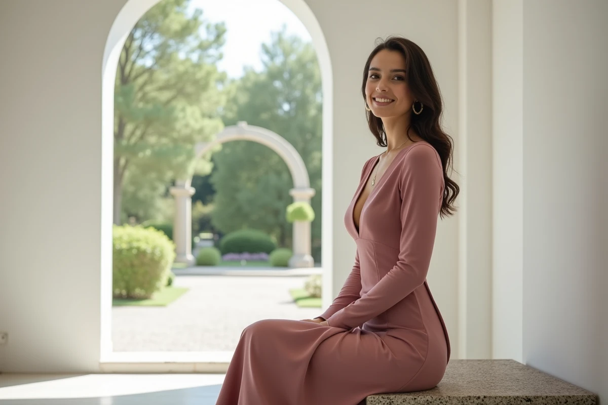 Femme assise en robe moulante rose poudré à manches longues pour un mariage civil épuré