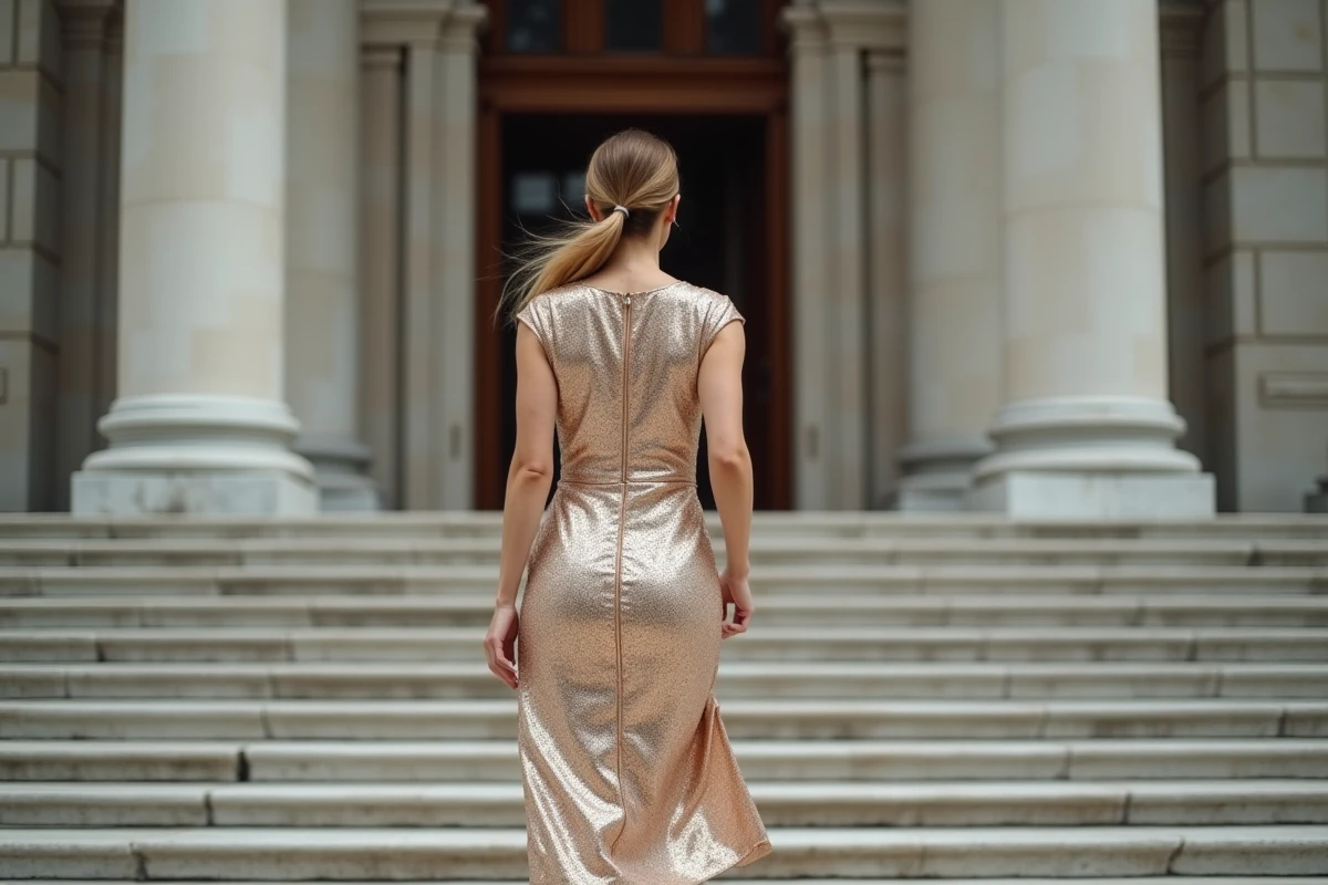 Femme en robe moulante sequins champagne montant les marches d'une mairie pour un mariage civil