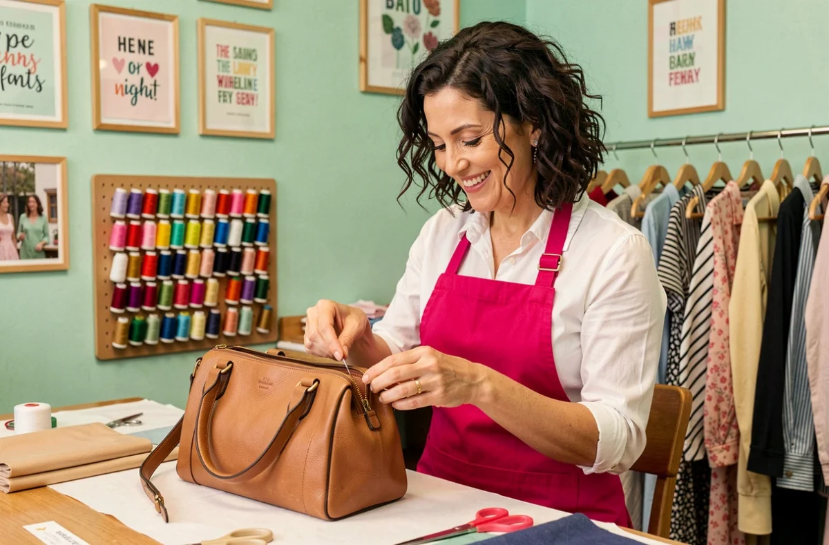 Retoucheuse de Rosy Retouche à Nantes recousant une fermeture éclair sur un sac en cuir dans son atelier coloré