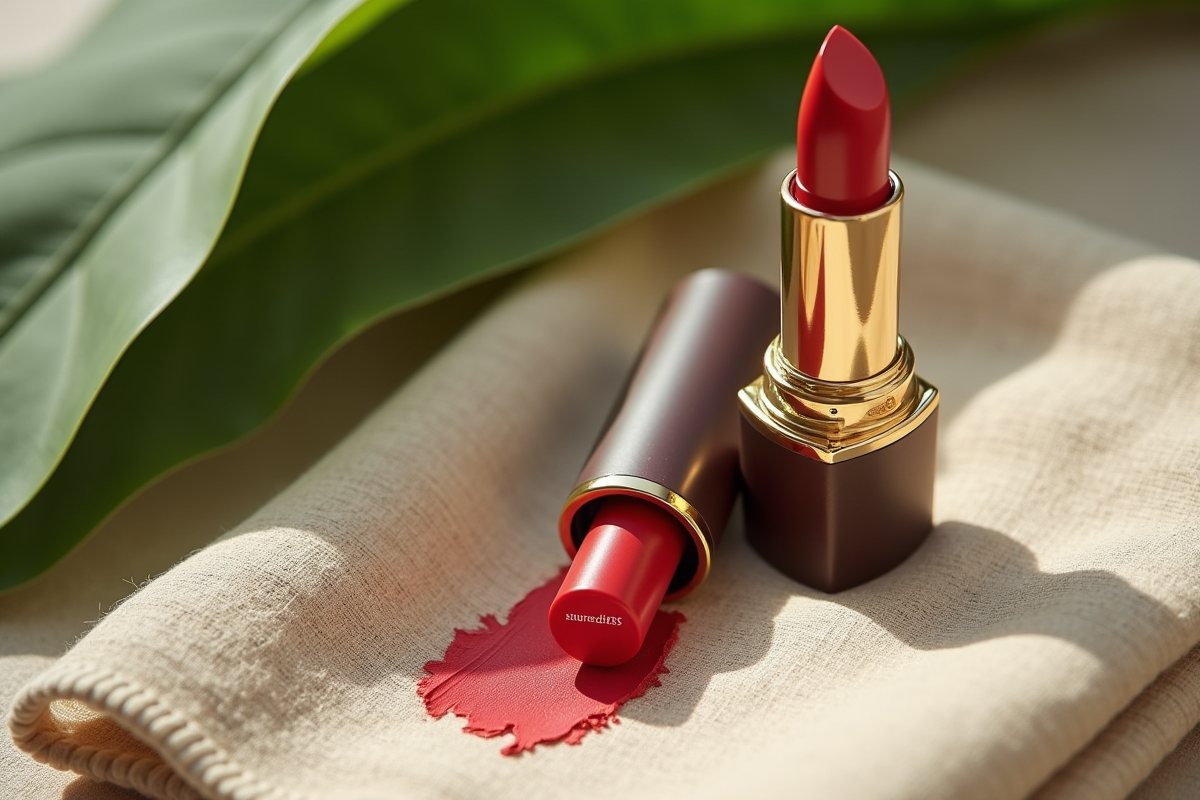 Rouge à lèvres classique sur lin naturel avec feuilles vertes