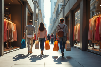 Rue commerçante moderne avec acheteurs et sacs colorés