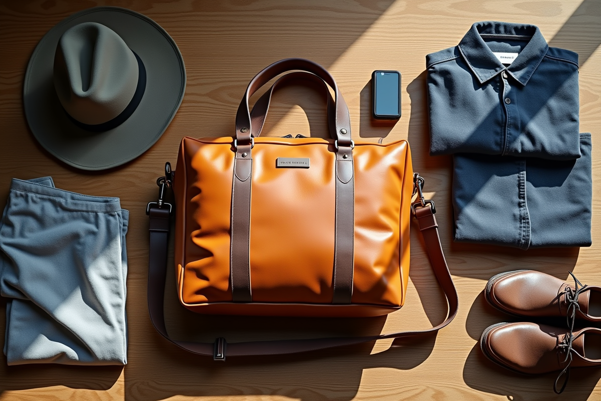 Sac Paul Marius sur table avec accessoires mode en lumière naturelle