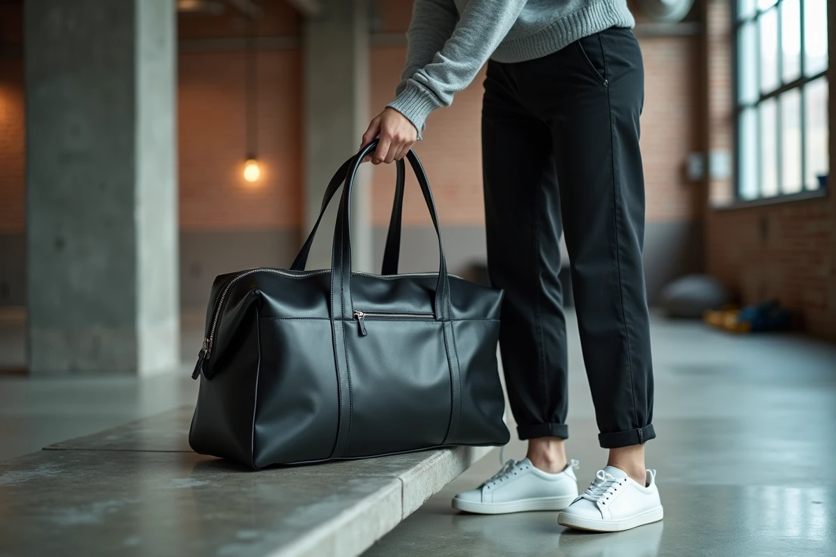 Femme au style mixte posant un sac sport en cuir noir sur un banc en béton dans un vestiaire moderne