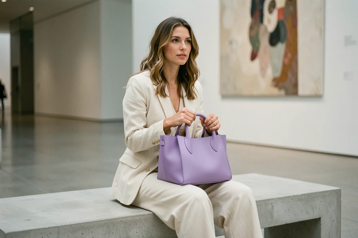 Femme assise dans un musée d'art moderne tenant un grand sac tote en cuir lilas lavande sur ses genoux, tendance couleur sac printemps 2026
