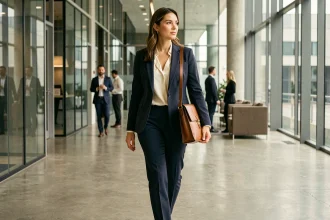 Femme professionnelle portant une sacoche ordinateur portable en cuir cognac assortie à un blazer marine dans un hall de bureau moderne