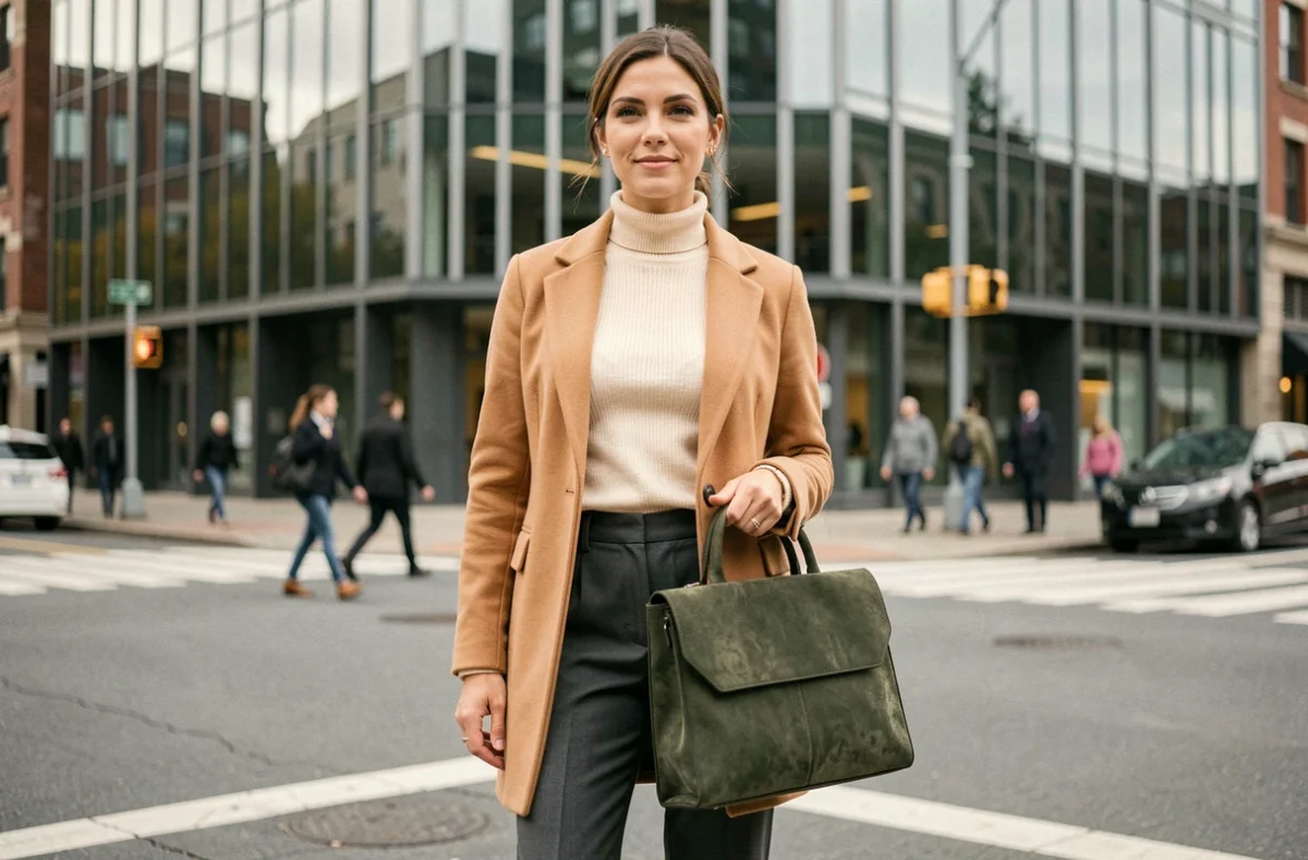 Femme élégante en manteau camel tenant une sacoche ordinateur en daim vert olive dans une rue de ville