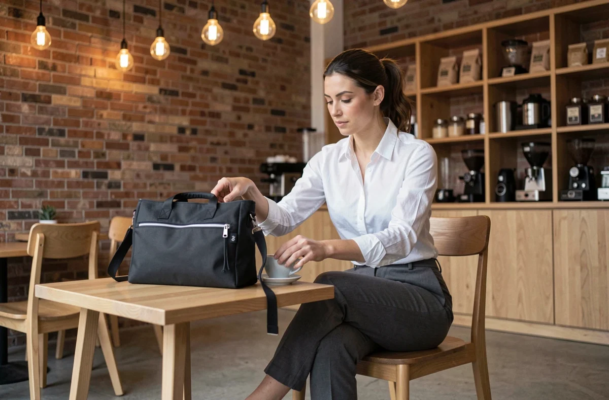 Femme en tenue smart casual avec une sacoche ordinateur portable noire posée dans un café urbain tendance