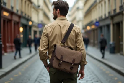 Homme trendy portant une sacoche en tissu tissé texture naturelle dans une rue pavée parisienne style 2026