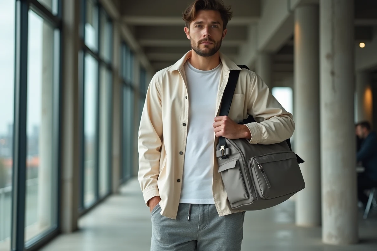 Homme dans un espace de coworking moderne tenant une sacoche tote en tissu technique ripstop tendance 2026