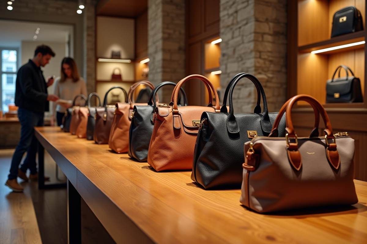 Vitrine avec sacs de luxe dans une boutique chic