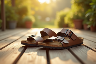 Sandales Scholl et Birkenstock sur terrasse ensoleillee