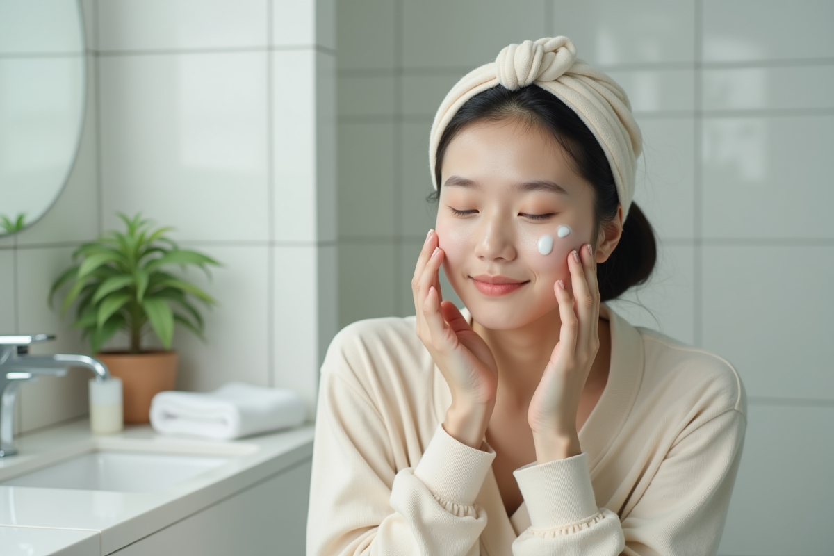 Jeune femme asiatique appliquant une essence visage dans une salle de bain minimaliste