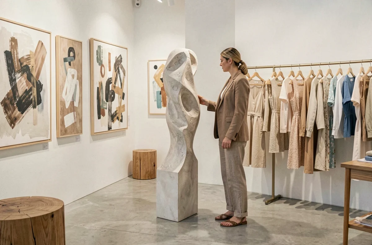 Intérieur de la boutique Step Art Hossegor mêlant mode et œuvres d'art contemporain